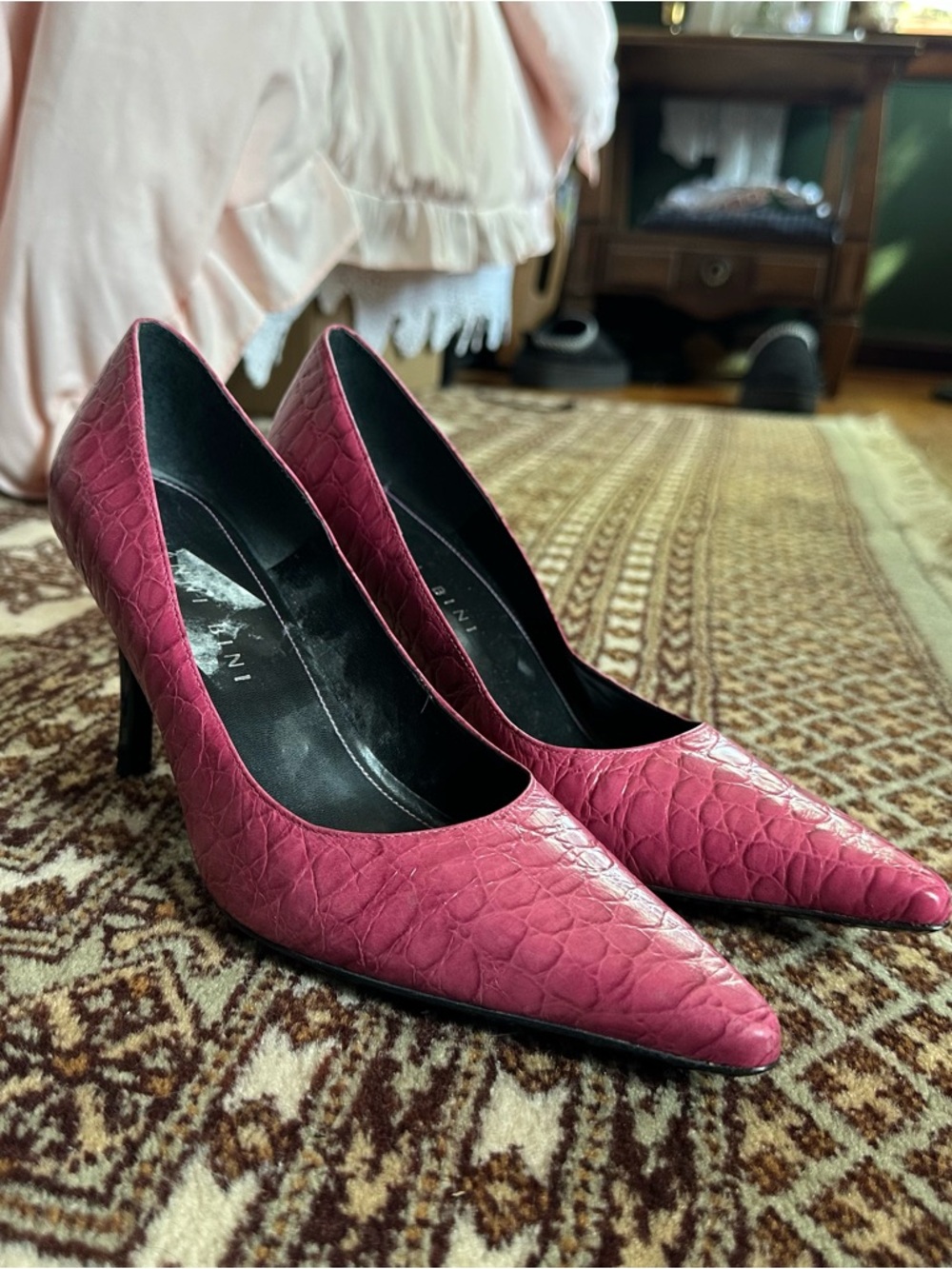 Gianni Bini Raspberry Croc-Embossed Pointed Toe Heels